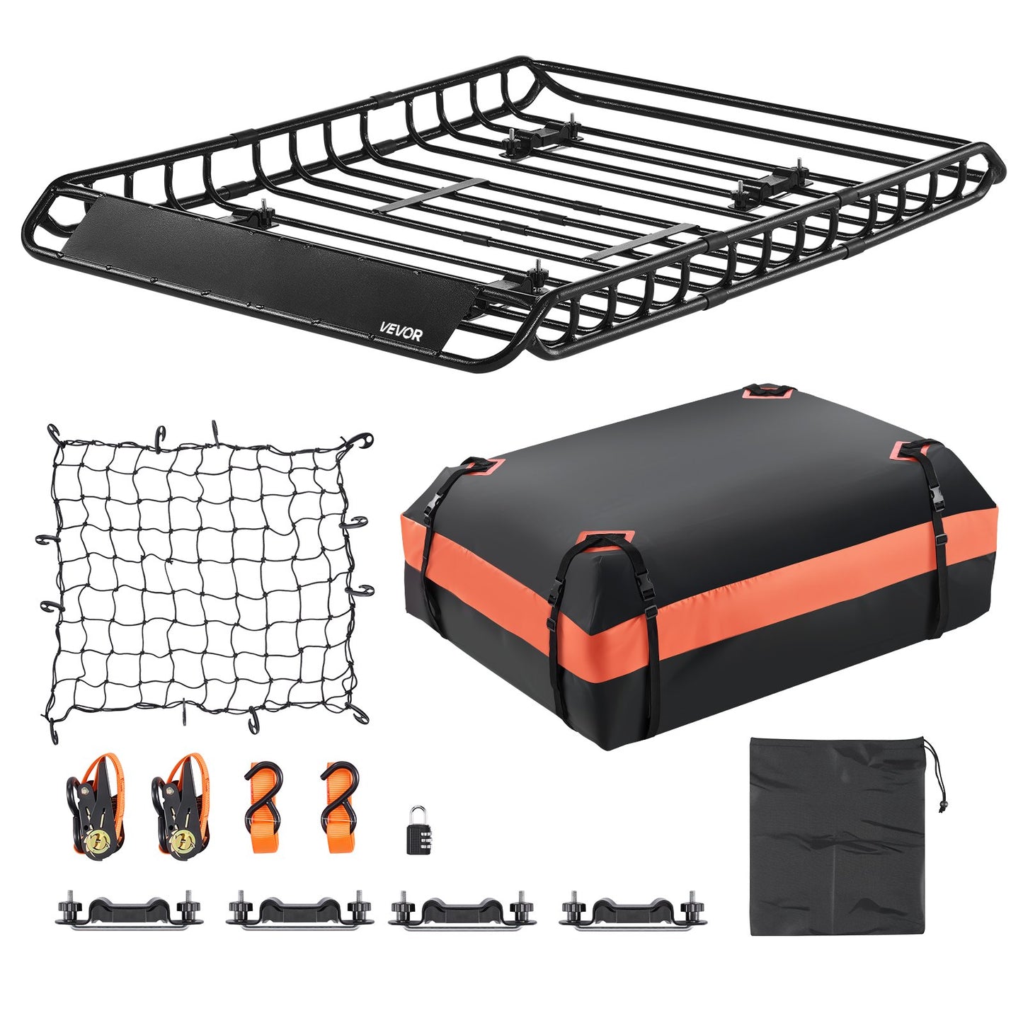 Roof Rack Basket, 1300 x 910 x 105 mm, Universal Rooftop Cargo Carrier with 44.1 x 34.3 x 10.2 in Cargo Bag, Net, Ratchet Straps, 90.7 kg Max Load Capacity Car Top Luggage Holder, for SUV Car