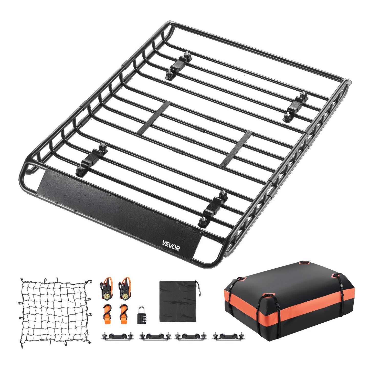 Roof Rack Basket, 1300 x 910 x 105 mm, Universal Rooftop Cargo Carrier with 44.1 x 34.3 x 10.2 in Cargo Bag, Net, Ratchet Straps, 90.7 kg Max Load Capacity Car Top Luggage Holder, for SUV Car