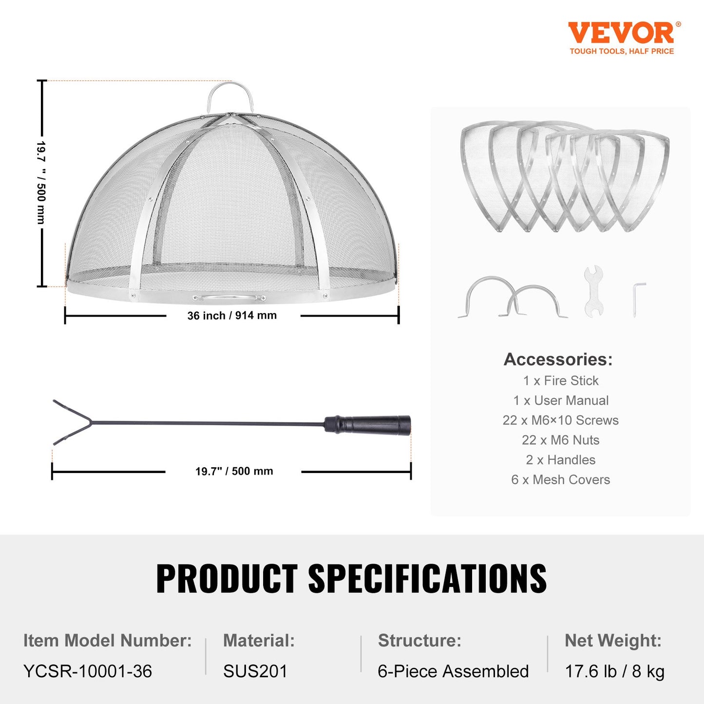 VEVOR Firepit Spark Screen Lid, 36" Diameter, Outdoor Firepit Ring Cover Round Accessories,