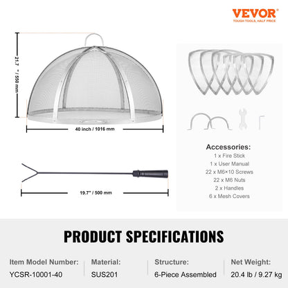 VEVOR Firepit Spark Screen Lid, 40" Diameter, Outdoor Firepit Ring Cover Round Accessories,