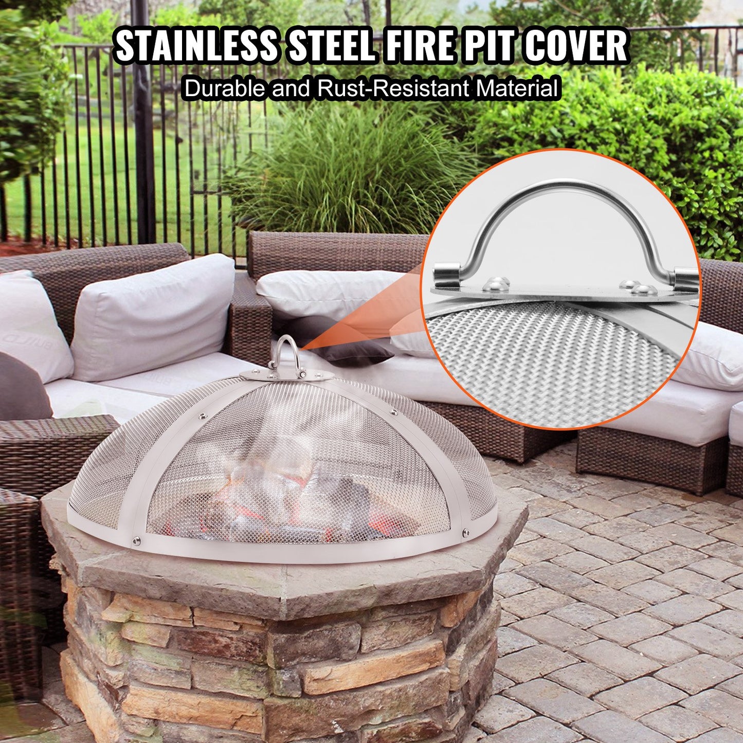 VEVOR Fire Pit Spark Screen Round 27", Reinforced Heavy Duty Steel Metal Cover,