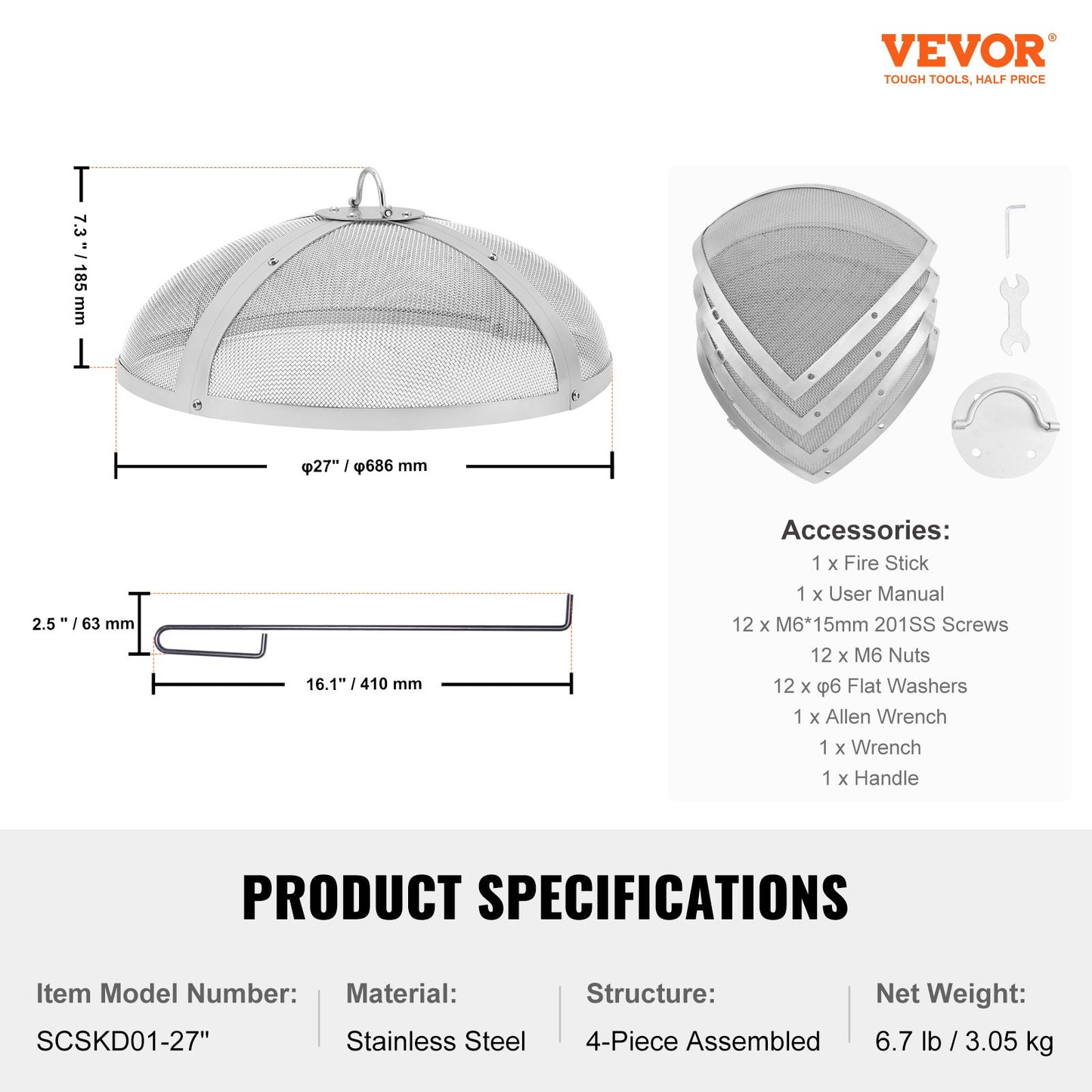 VEVOR Fire Pit Spark Screen Round 27", Reinforced Heavy Duty Steel Metal Cover,