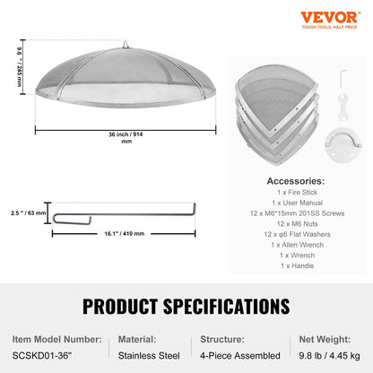 VEVOR Fire Pit Spark Screen Round 36", Reinforced Heavy Duty Steel Metal Cover,