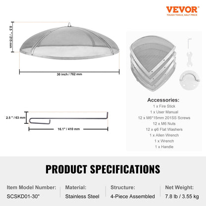 Round Steel Fire Pit Spark Screen with Handle, 0.76m Diameter, 3.55kg Weight