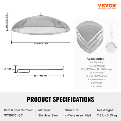 VEVOR Fire Pit Spark Screen Round 30", Reinforced Heavy Duty Steel Metal Cover,