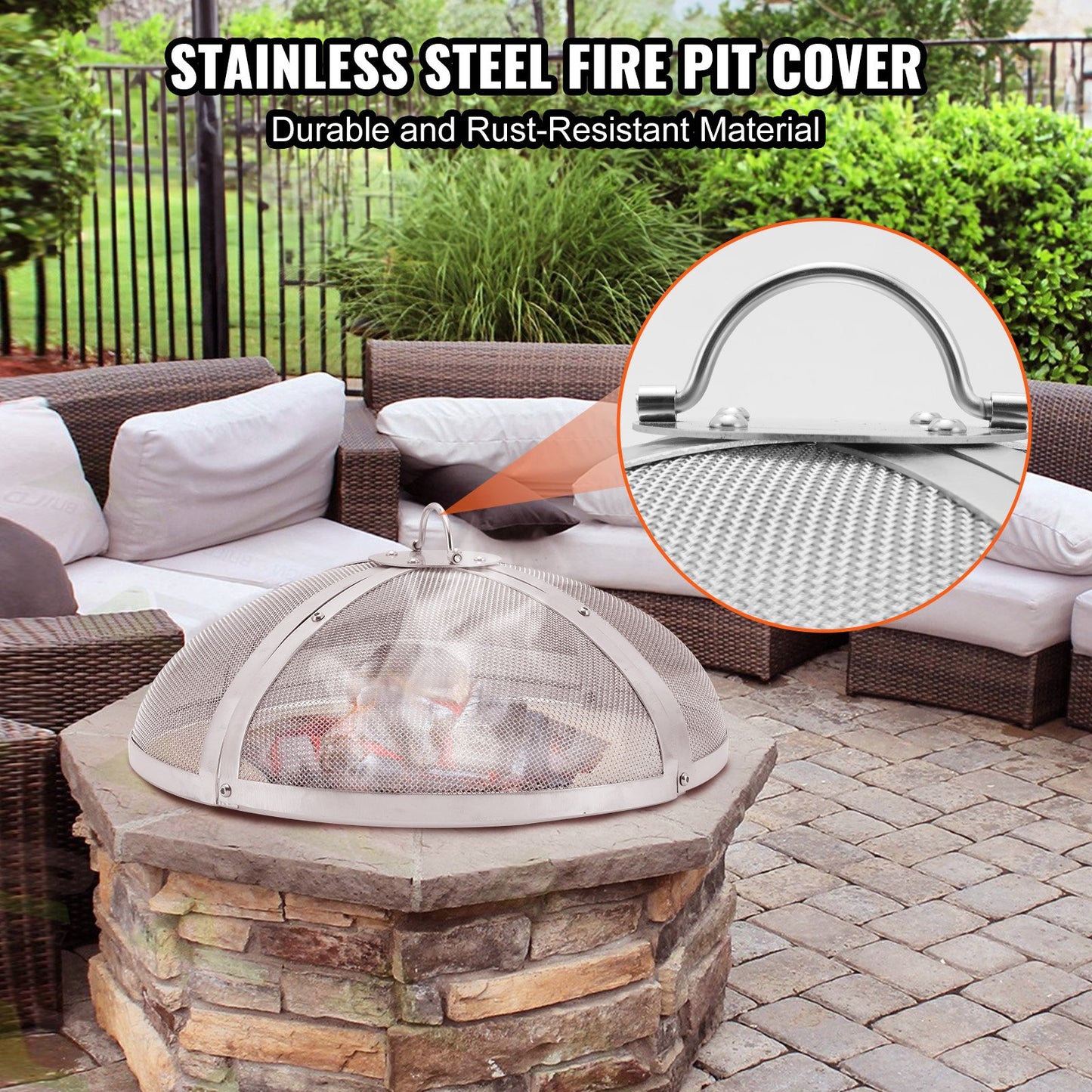 VEVOR Fire Pit Spark Screen Round 40", Reinforced Heavy Duty Steel Metal Cover,