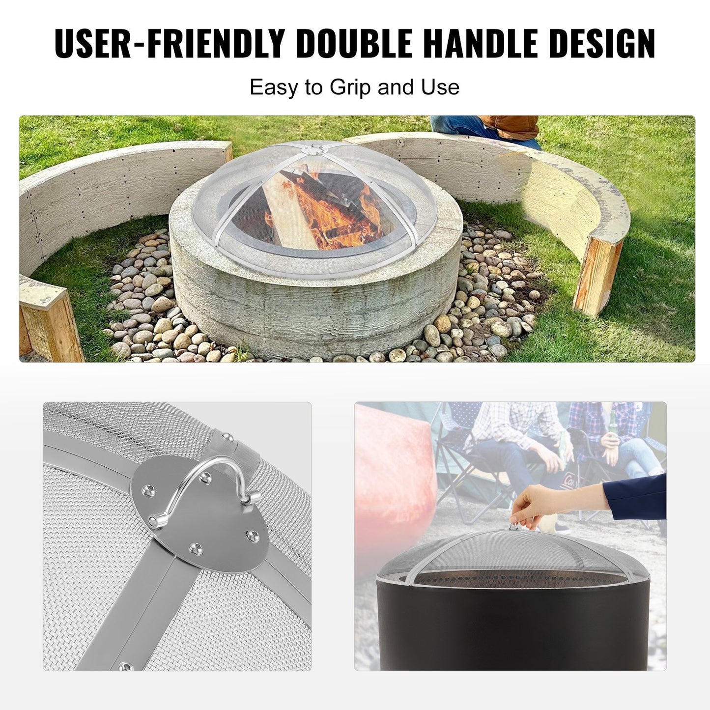 VEVOR Fire Pit Spark Screen Round 40", Reinforced Heavy Duty Steel Metal Cover,