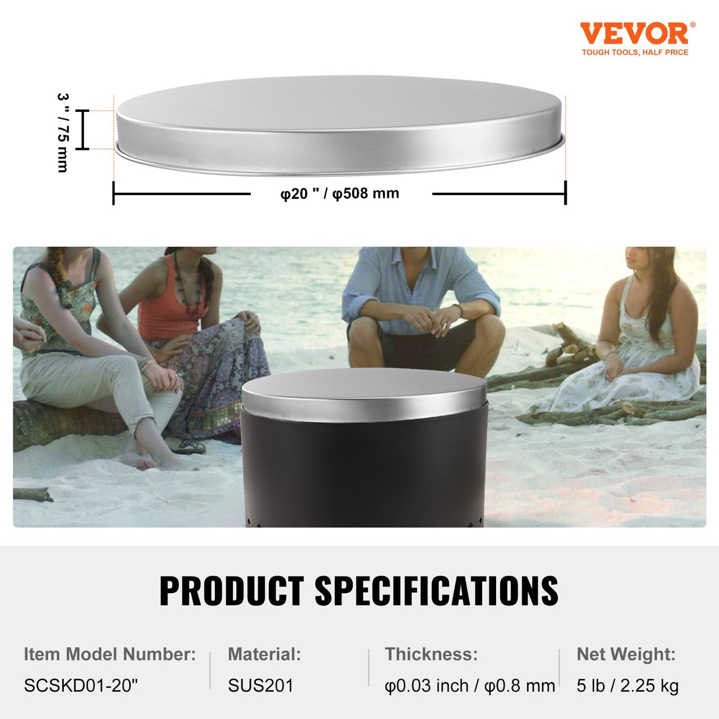 VEVOR Fire Pit Cover Lid, 20" Portable Firepit Spark Screen,Stainless Steel Steel