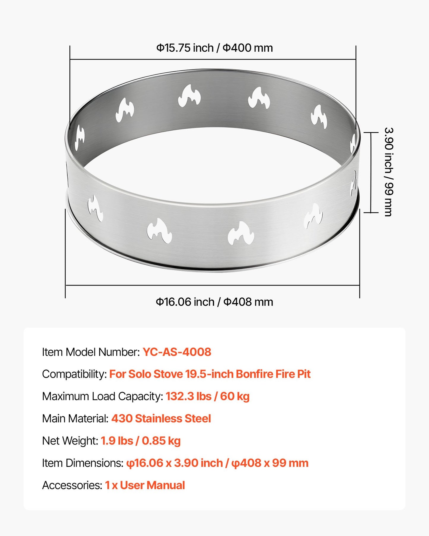 Fire Pit Stand for Solo Stove Bonfire, 49.5 cm Smokeless Fire Pit Ring, Stainless Steel Fireplace Stove Support Frame Accessory, Portable Outdoor Camping Holder Tools for Fireplace