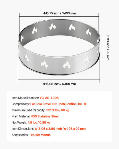 Fire Pit Stand for Solo Stove Bonfire, 49.5 cm Smokeless Fire Pit Ring, Stainless Steel Fireplace Stove Support Frame Accessory, Portable Outdoor Camping Holder Tools for Fireplace
