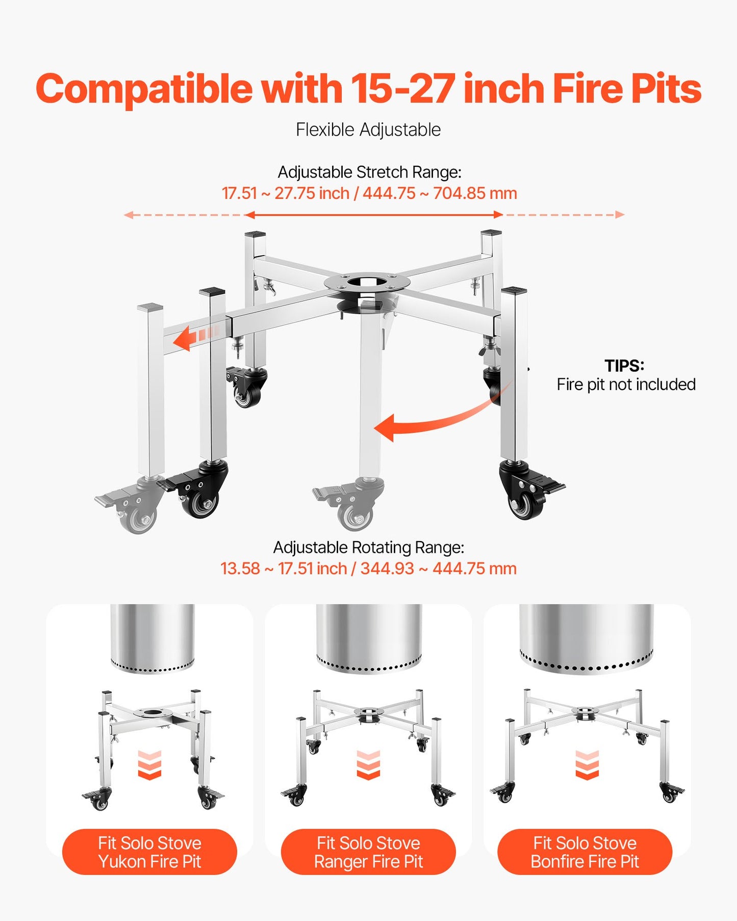 Fire Pit Stand, 38-68.6 cm Adjustable Stretch with 4 Casters, Firepit Stand for Solo Stove Bonfire Ranger Yukon & Other Outside Firepit, Stainless Steel Camping Fire Pit Accessory for Fireplace