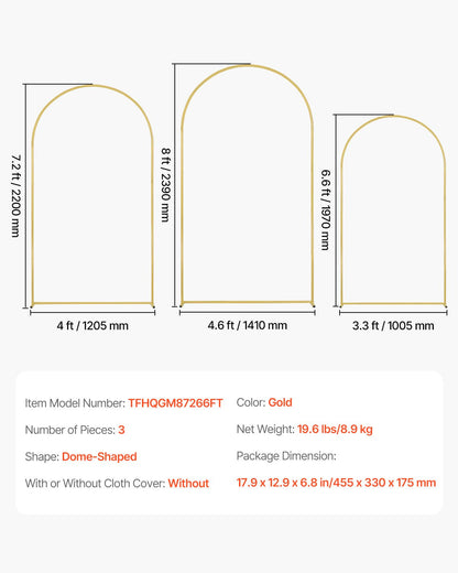 Gold Metal Arch Backdrop Stand Set - 3 Sizes for Weddings & Events