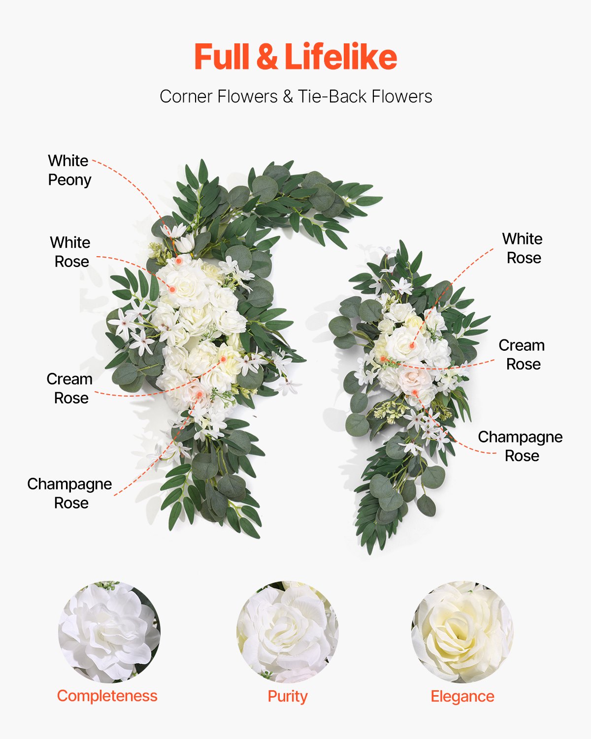 VEVOR Artificial Wedding Arch Flowers Kit White With 2 Pcs Flowers 1 Pcs Drapes