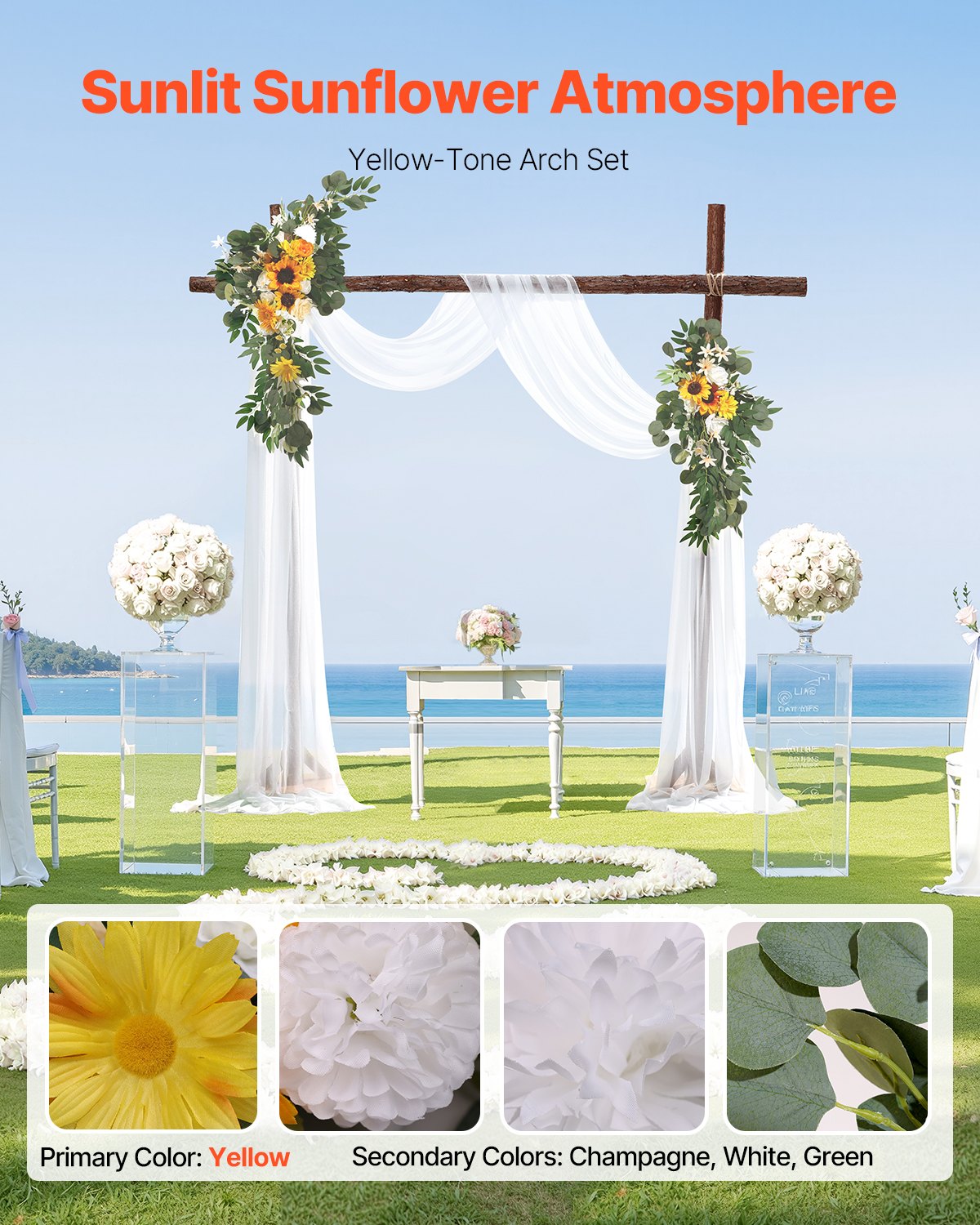 VEVOR Artificial Wedding Arch Flowers Kit Yellow With 2 Pcs Flowers 1 Pcs Drapes