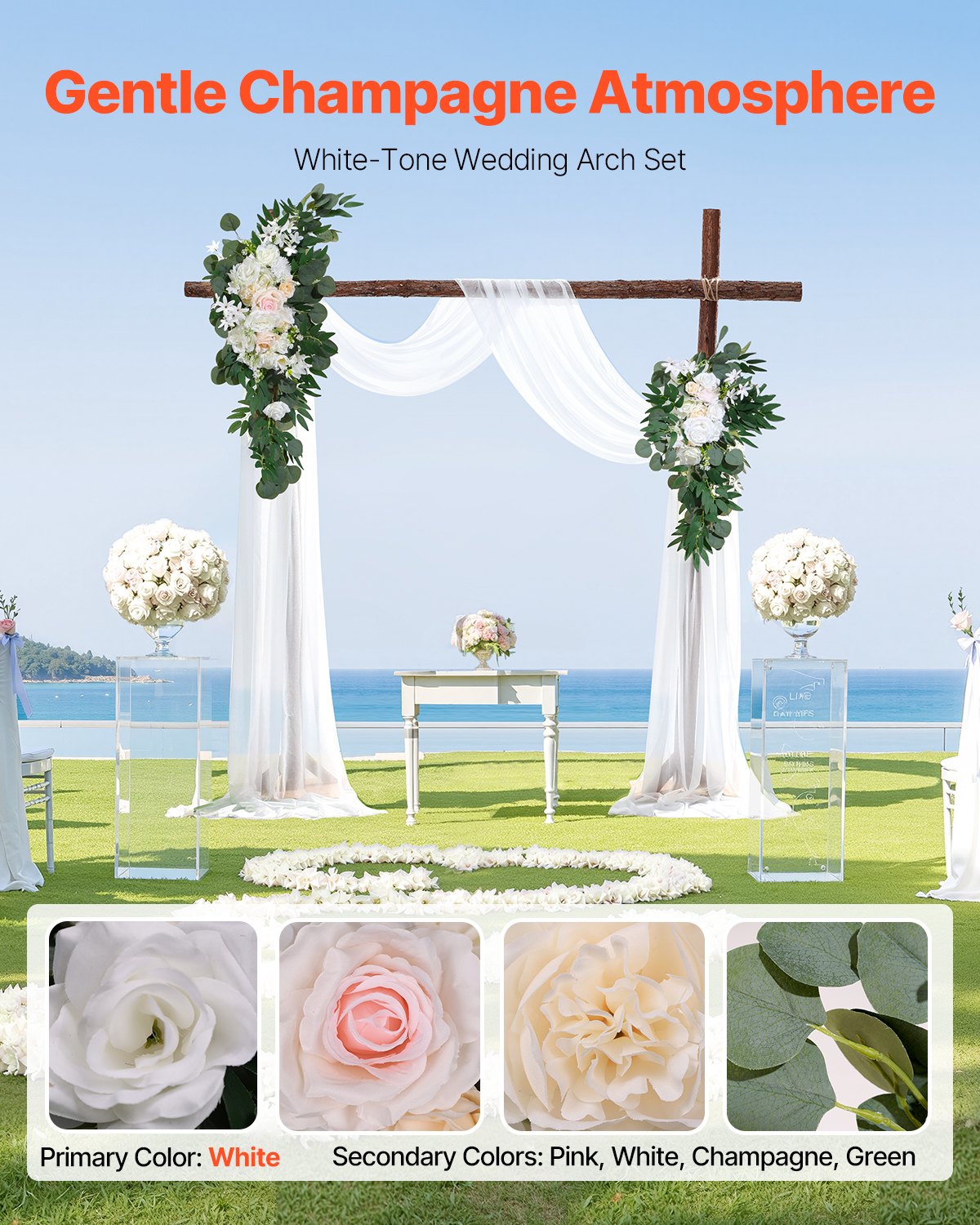VEVOR Artificial Wedding Arch Flowers Kit White With 2 Pcs Flowers 2 Pcs Drapes