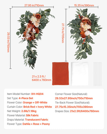 VEVOR Artificial Wedding Arch Flowers Kit Orange With 2 Pcs Flowers 2 Pcs Drapes