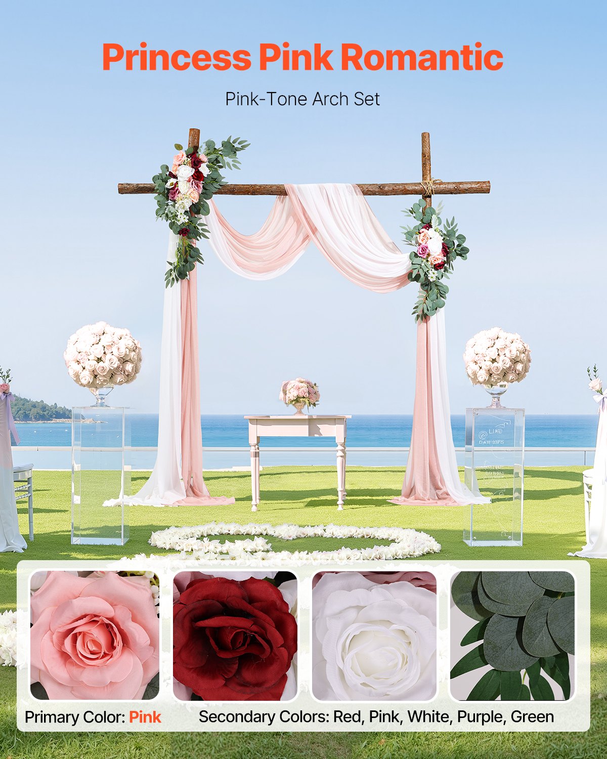 VEVOR Artificial Wedding Arch Flowers Kit Pink With 2 Pcs Flowers 2 Pcs Drapes
