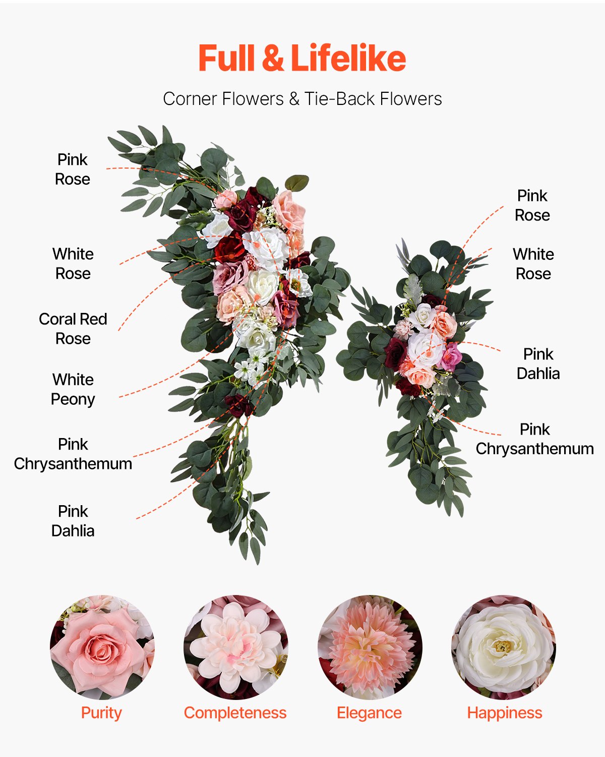 VEVOR Artificial Wedding Arch Flowers Kit Pink With 2 Pcs Flowers 2 Pcs Drapes
