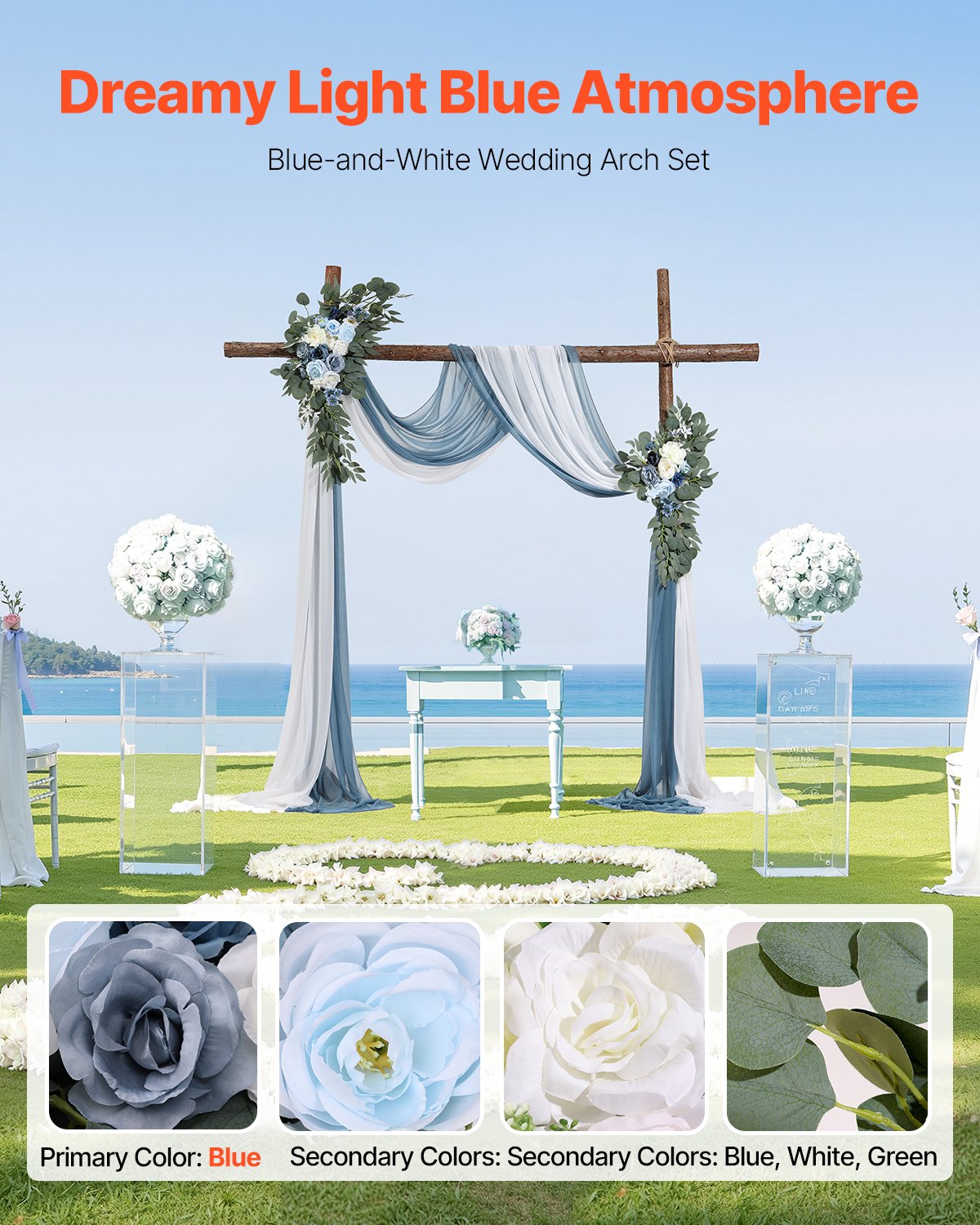 VEVOR Artificial Wedding Arch Flowers Kit Blue With 2 Pcs Flowers 2 Pcs Drapes