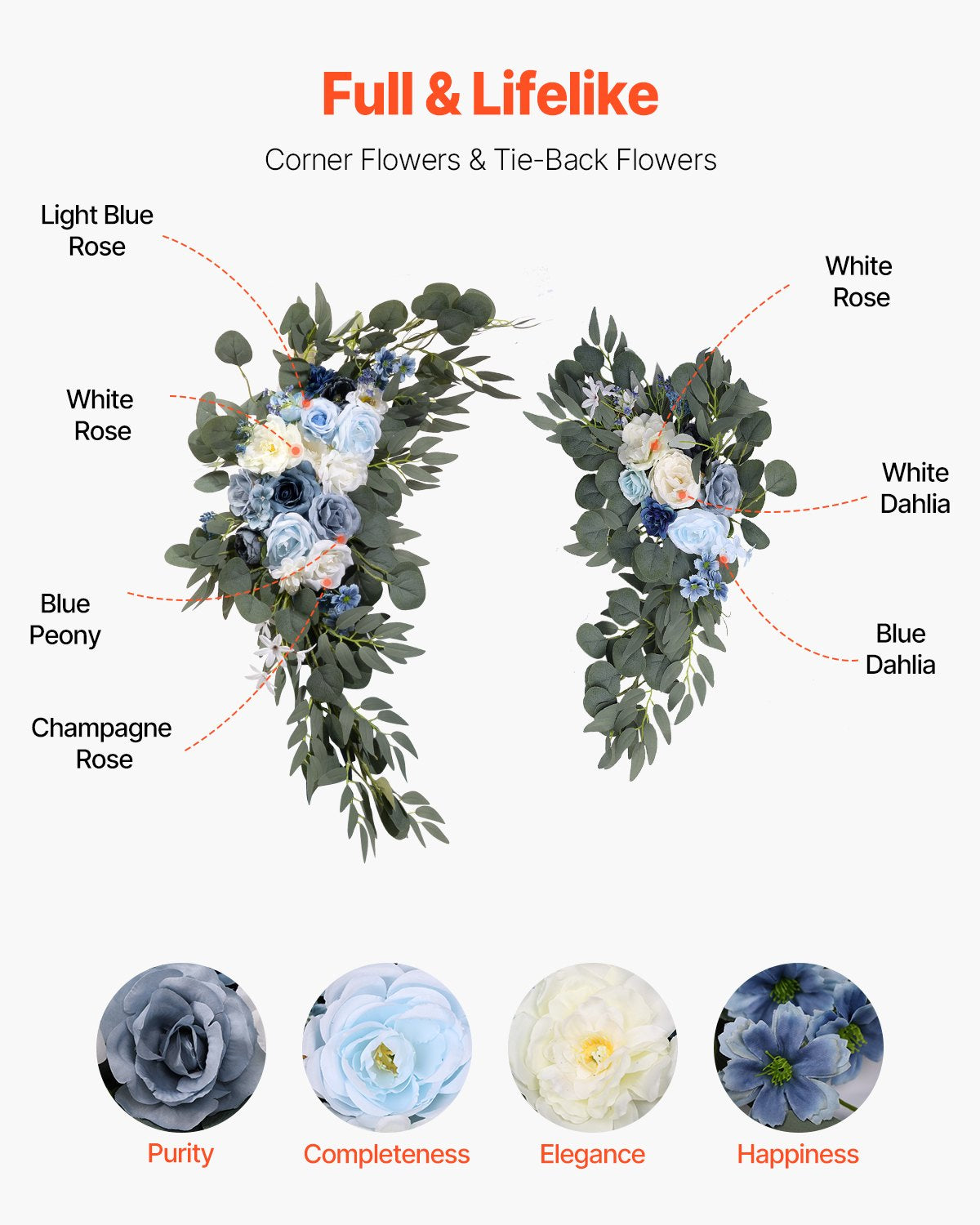 VEVOR Artificial Wedding Arch Flowers Kit Blue With 2 Pcs Flowers 2 Pcs Drapes
