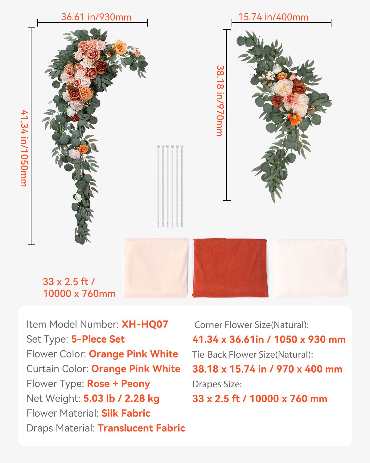 VEVOR Artificial Wedding Arch Flowers Kit Orange With 2 Pcs Flowers 3 Pcs Drapes