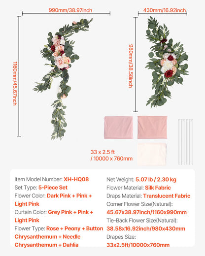 VEVOR Artificial Wedding Arch Flowers Kit Pink With 2 Pcs Flowers 3 Pcs Drapes