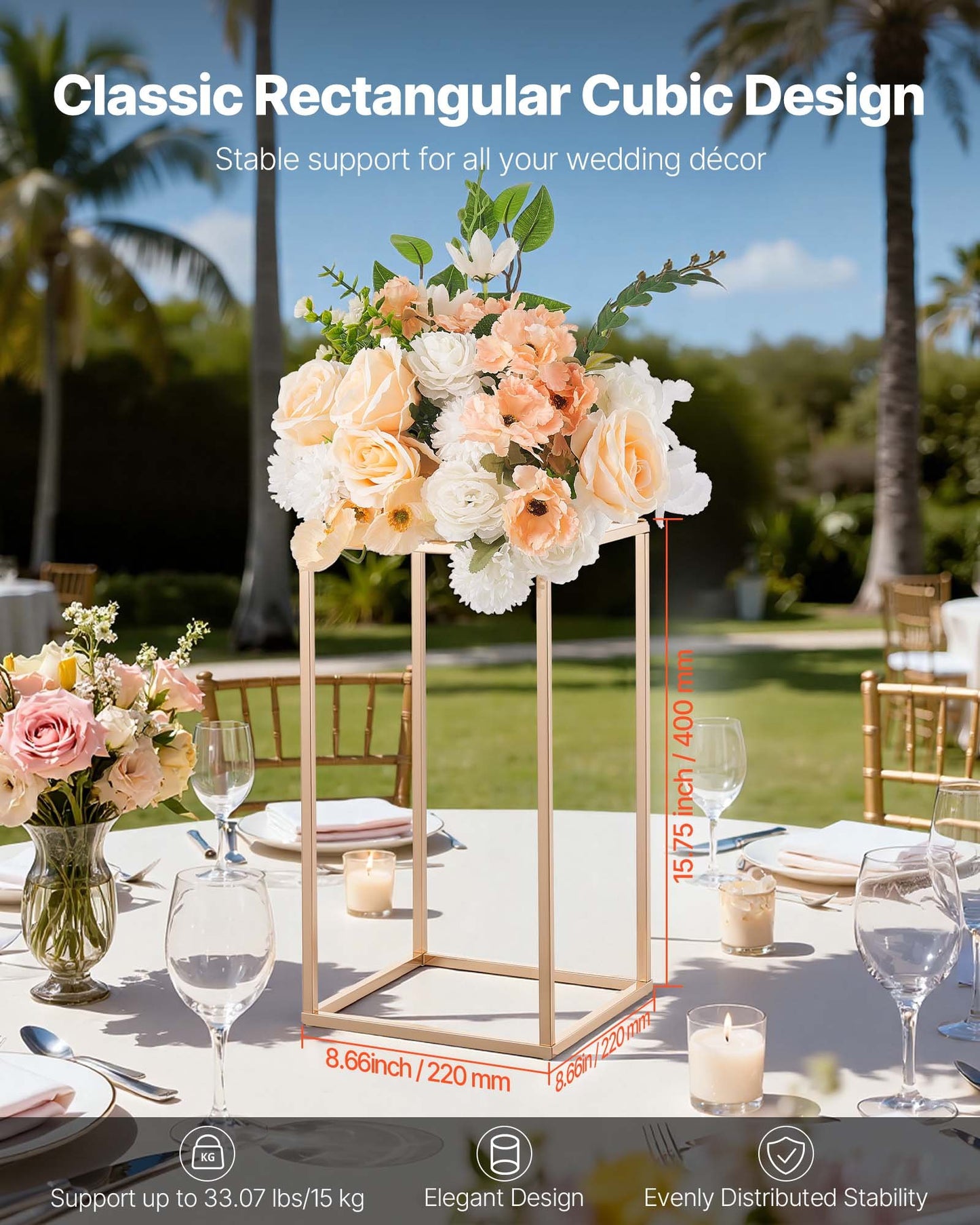 Wedding Flower Stand, 10PCS 40cm Column Flower Stand, Floral Stands with Acrylic Laminate, Rectangular Floral Display Rack for Wedding, Party, Birthday, Home, French Gold Centerpiece Stands