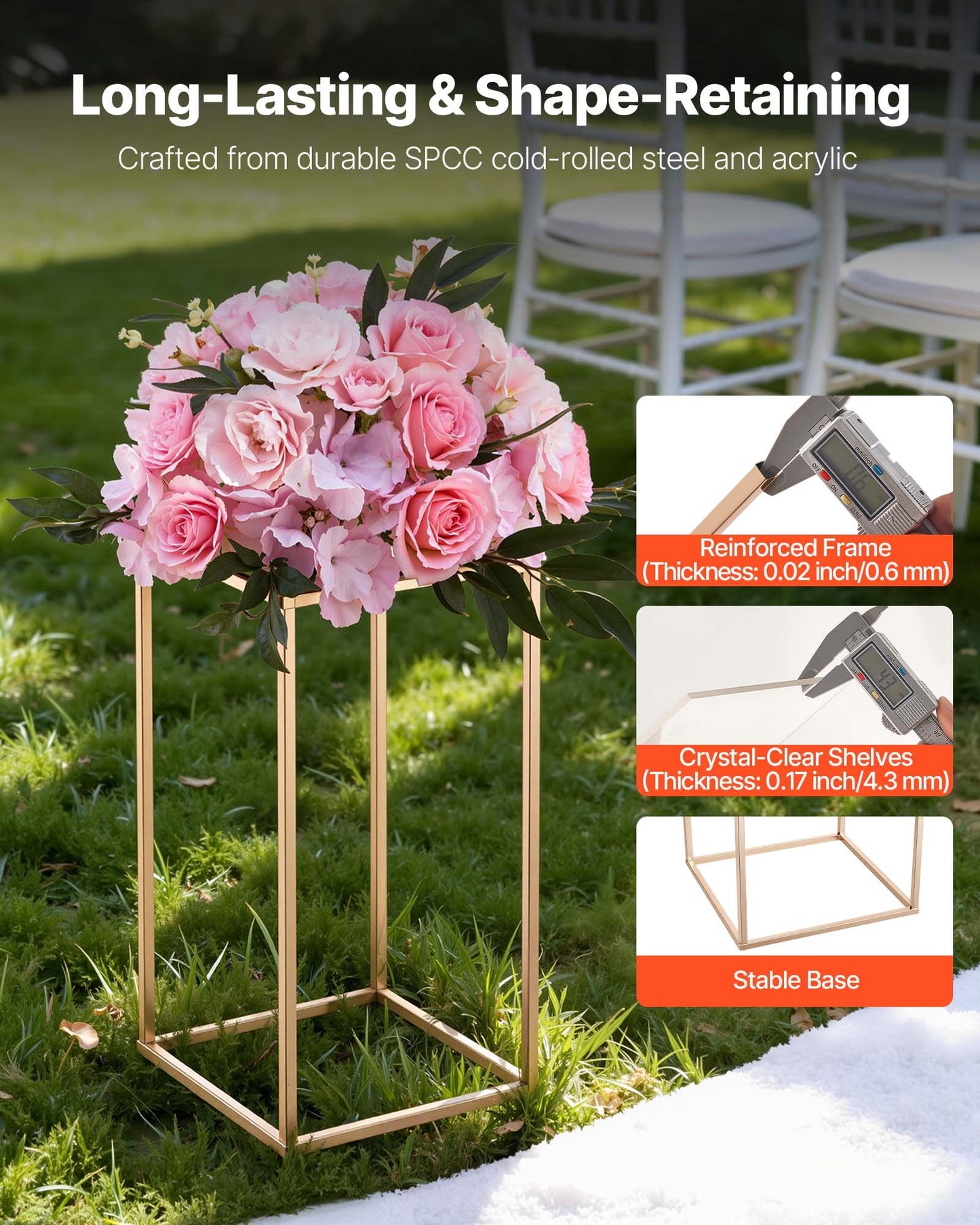 Wedding Flower Stand, 10PCS 40cm Column Flower Stand, Floral Stands with Acrylic Laminate, Rectangular Floral Display Rack for Wedding, Party, Birthday, Home, French Gold Centerpiece Stands
