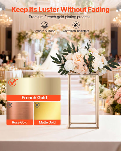 Wedding Flower Stand, 10PCS 40cm Column Flower Stand, Floral Stands with Acrylic Laminate, Rectangular Floral Display Rack for Wedding, Party, Birthday, Home, French Gold Centerpiece Stands