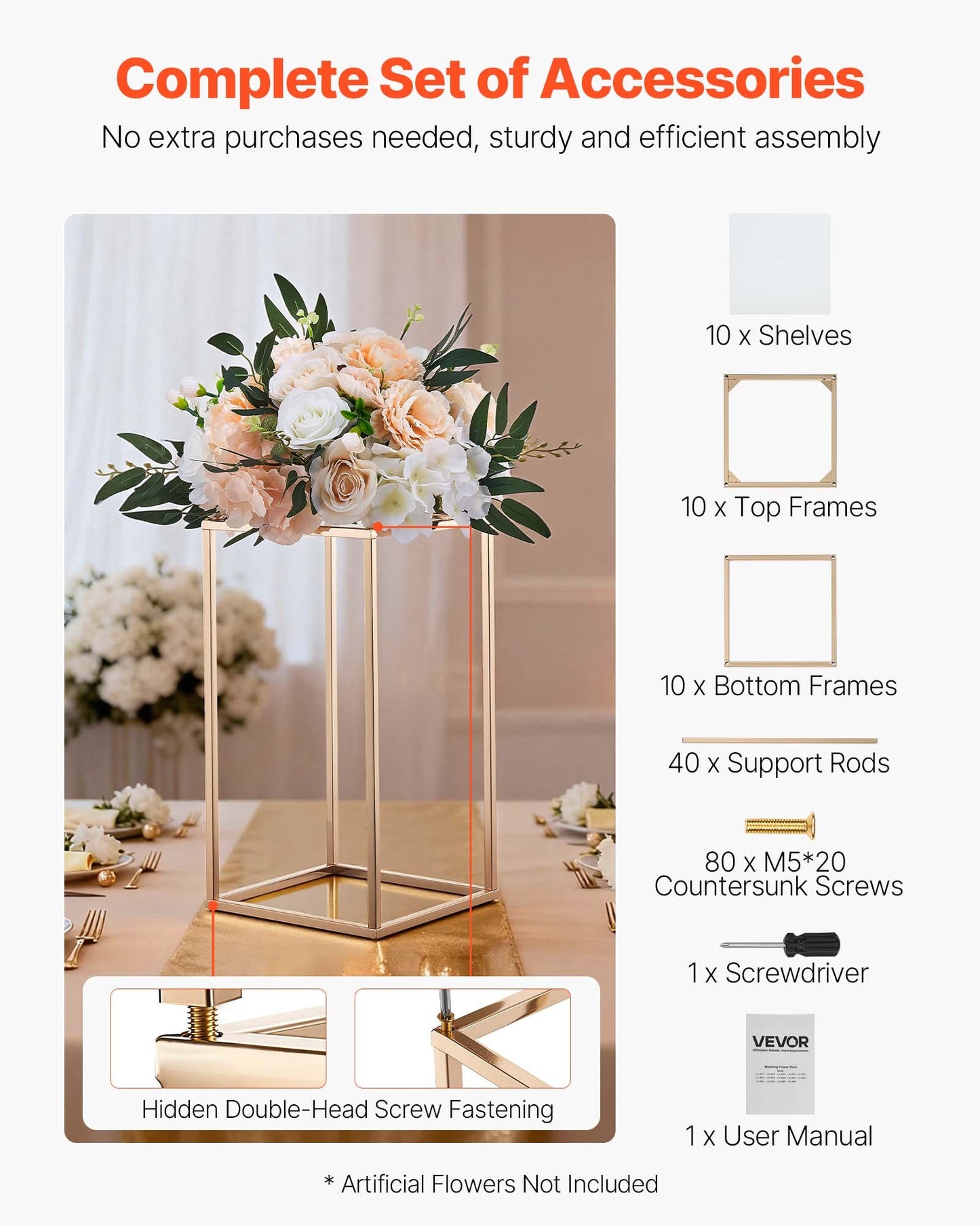 Wedding Flower Stand, 10PCS 40cm Column Flower Stand, Floral Stands with Acrylic Laminate, Rectangular Floral Display Rack for Wedding, Party, Birthday, Home, French Gold Centerpiece Stands