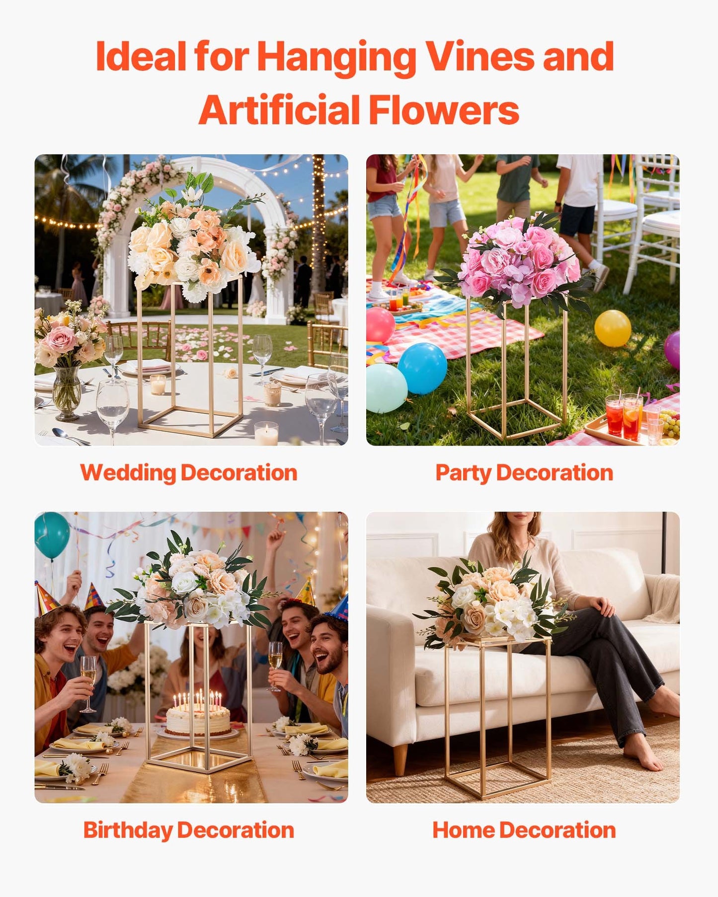 Wedding Flower Stand, 10PCS 40cm Column Flower Stand, Floral Stands with Acrylic Laminate, Rectangular Floral Display Rack for Wedding, Party, Birthday, Home, French Gold Centerpiece Stands
