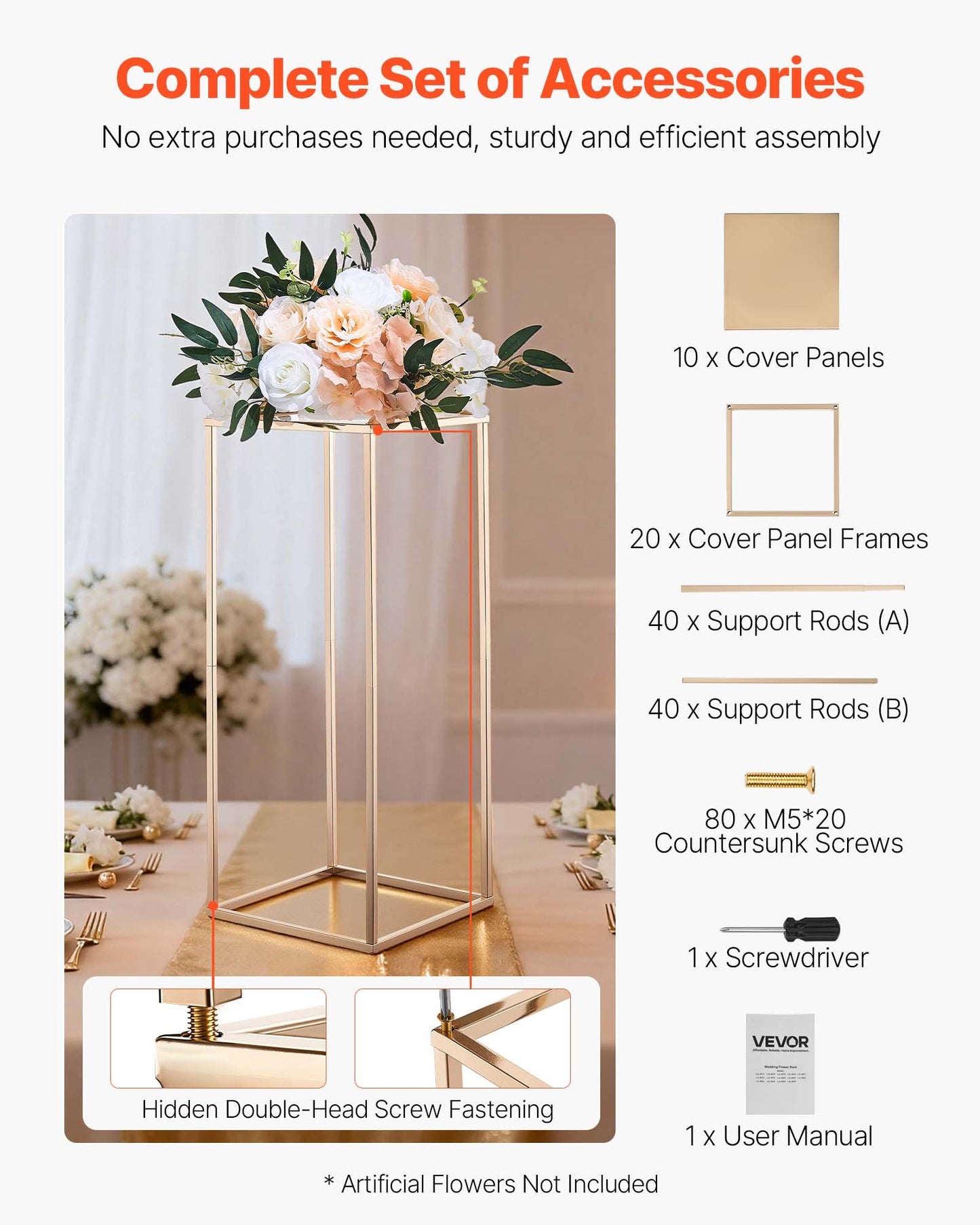 Wedding Flower Stand, 10PCS 60cm Column Flower Stand, Floral Stands with Metal Laminate, Rectangular Floral Display Rack for Wedding, Party, Birthday, Home, French Gold Centerpiece Stands