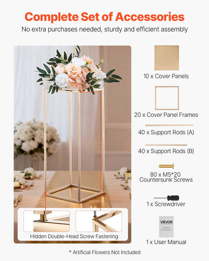 Wedding Flower Stand, 10PCS 60cm Column Flower Stand, Floral Stands with Metal Laminate, Rectangular Floral Display Rack for Wedding, Party, Birthday, Home, French Gold Centerpiece Stands