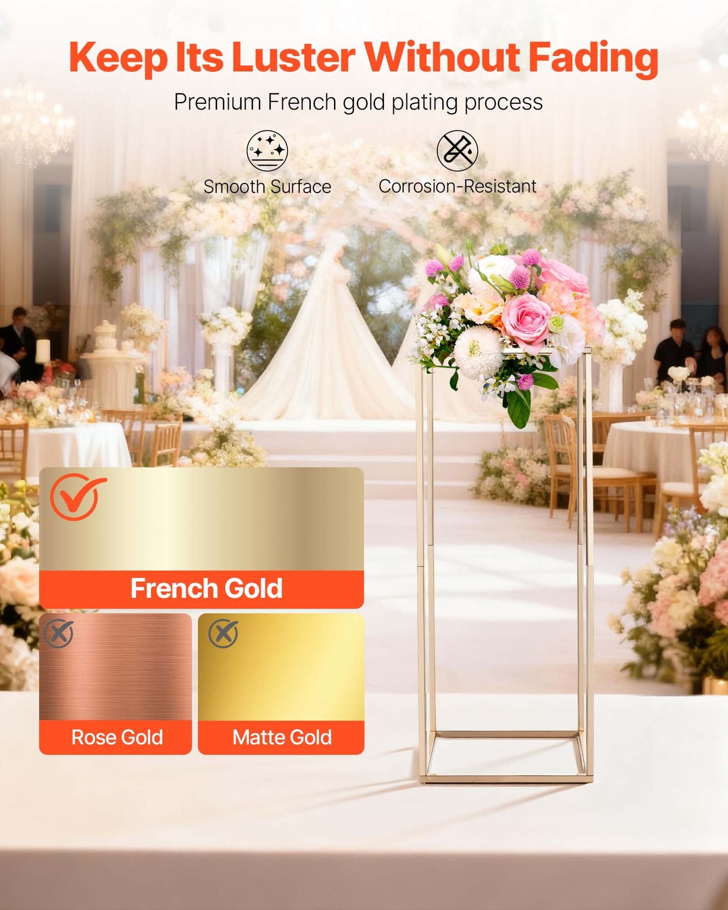 Wedding Flower Stand, 10PCS 60cm Column Flower Stand, Floral Stands with Hidden Screw, Rectangular Cubic Floral Display Rack for Wedding, Party, Birthday, Home, French Gold Centerpiece Stands