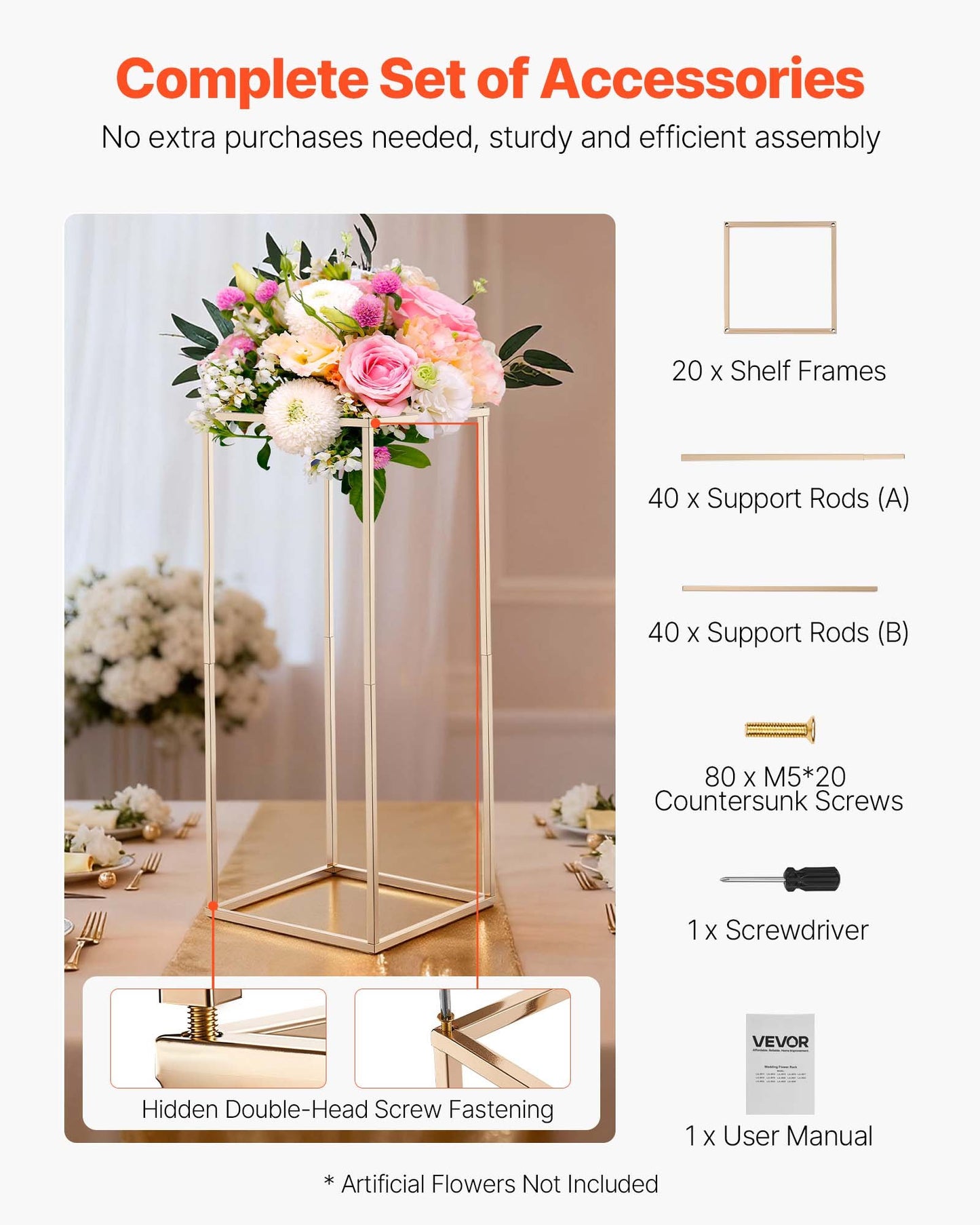 Wedding Flower Stand, 10PCS 60cm Column Flower Stand, Floral Stands with Hidden Screw, Rectangular Cubic Floral Display Rack for Wedding, Party, Birthday, Home, French Gold Centerpiece Stands