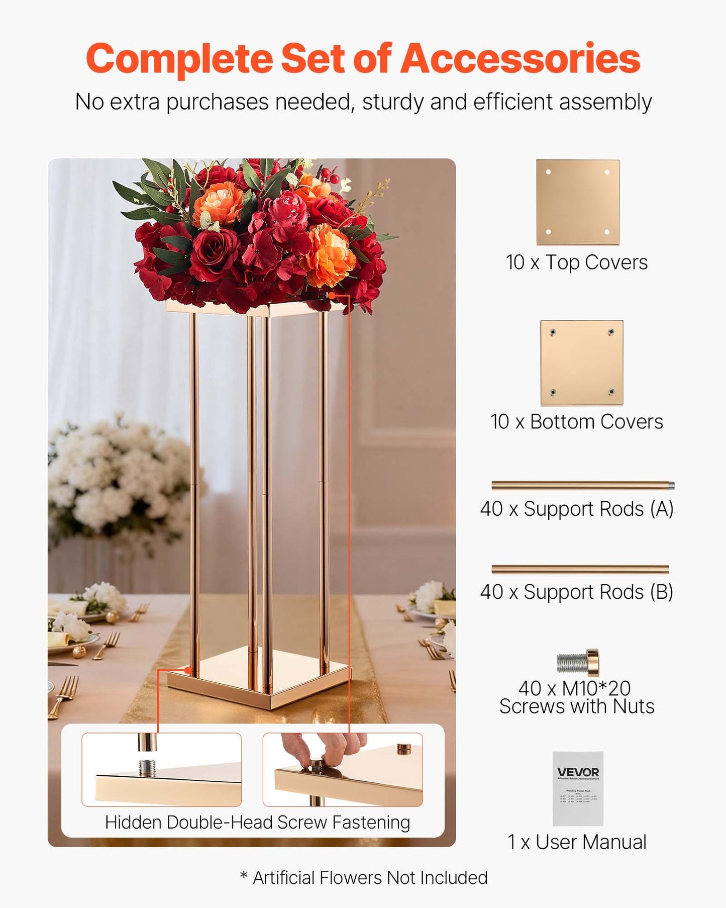Wedding Flower Stand, 10PCS 60cm Column Flower Stand, Floral Stands with Metal Laminate, Cylindrical Cubic Floral Display Rack for Wedding, Party, Birthday, Home, French Gold Centerpiece Stands