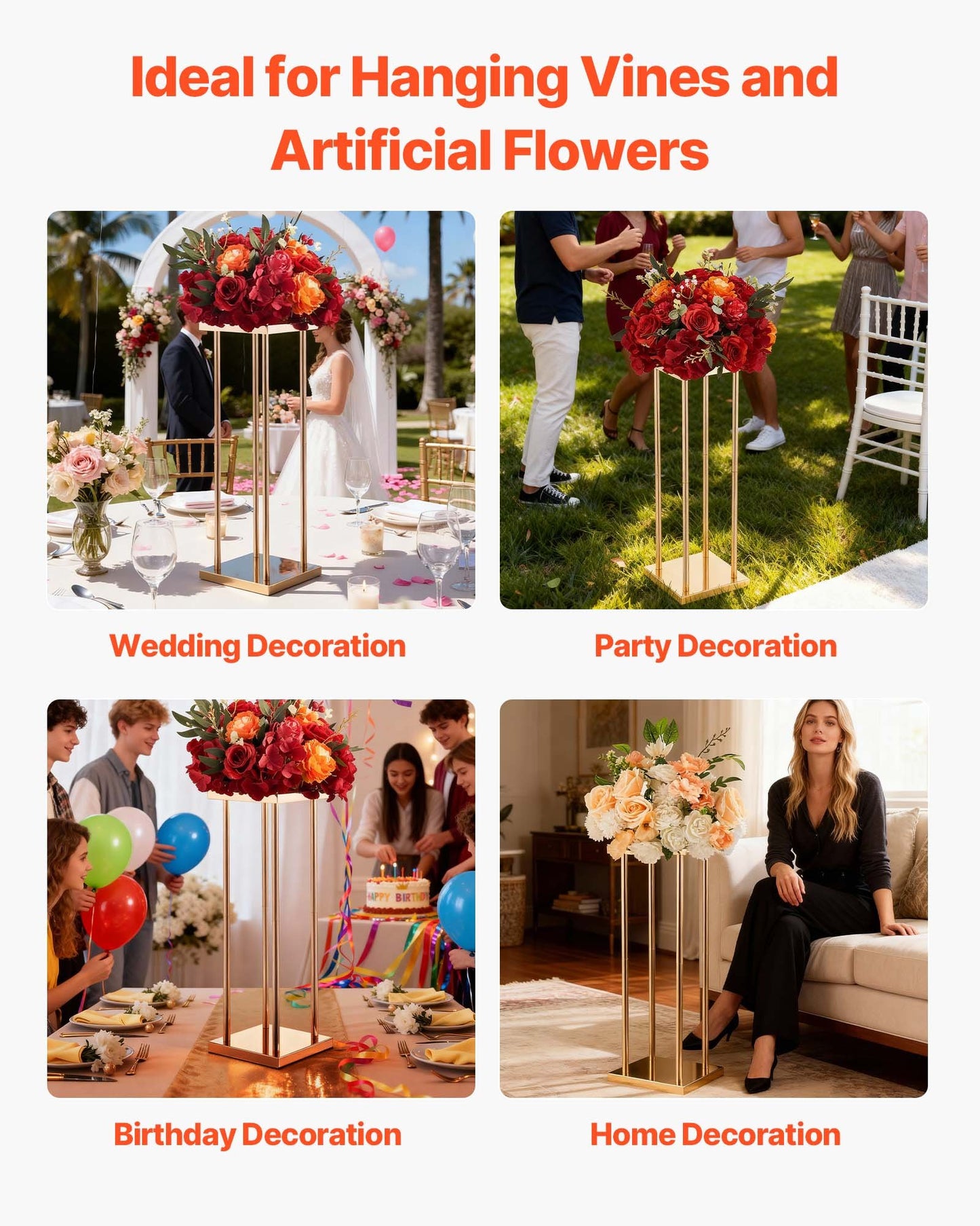 Wedding Flower Stand, 10PCS 60cm Column Flower Stand, Floral Stands with Metal Laminate, Cylindrical Cubic Floral Display Rack for Wedding, Party, Birthday, Home, French Gold Centerpiece Stands