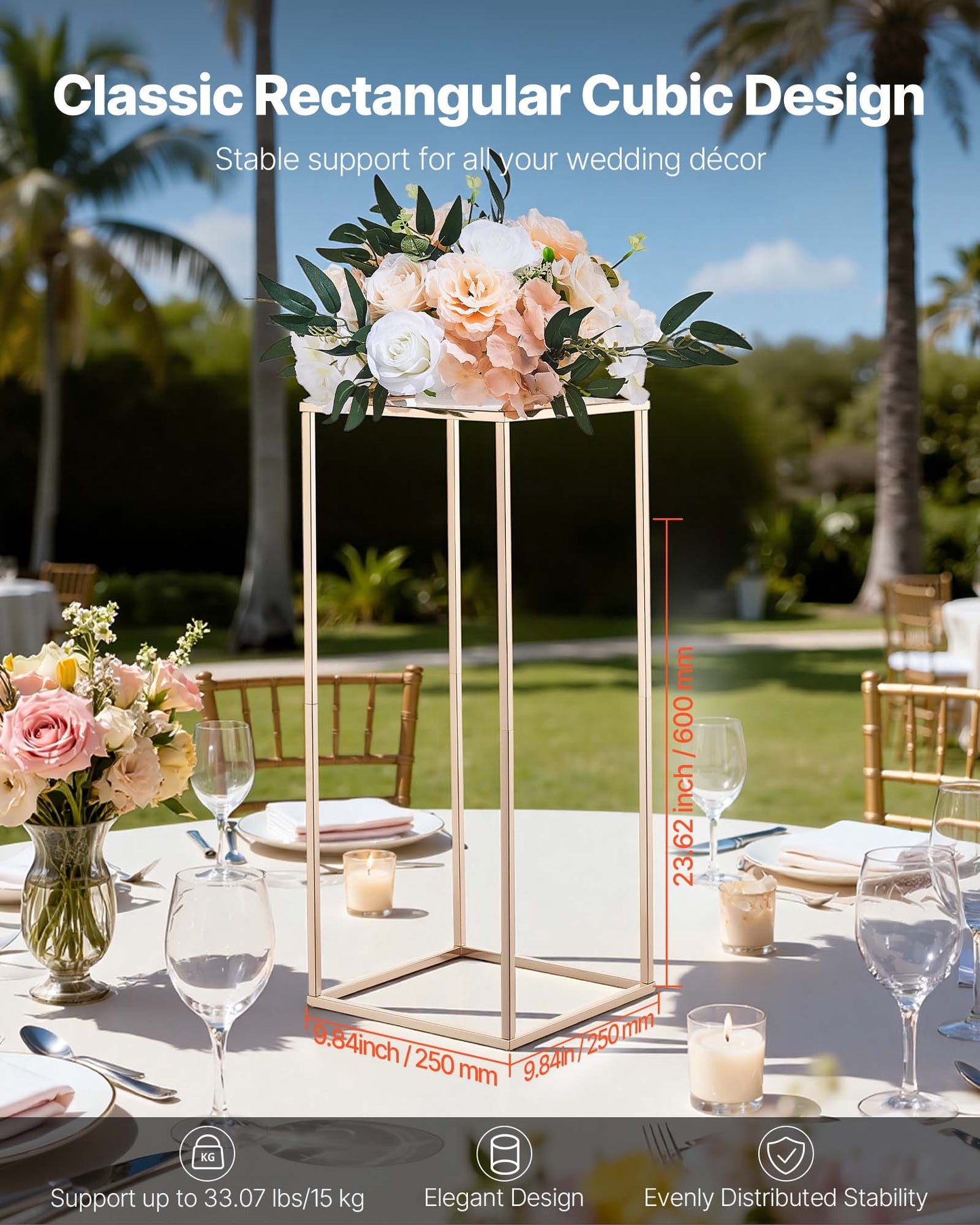 Wedding Flower Stand, 10PCS 60cm Column Flower Stand, Floral Stands with Acrylic Laminate, Rectangular Floral Display Rack for Wedding, Party, Birthday, Home, French Gold Centerpiece Stands