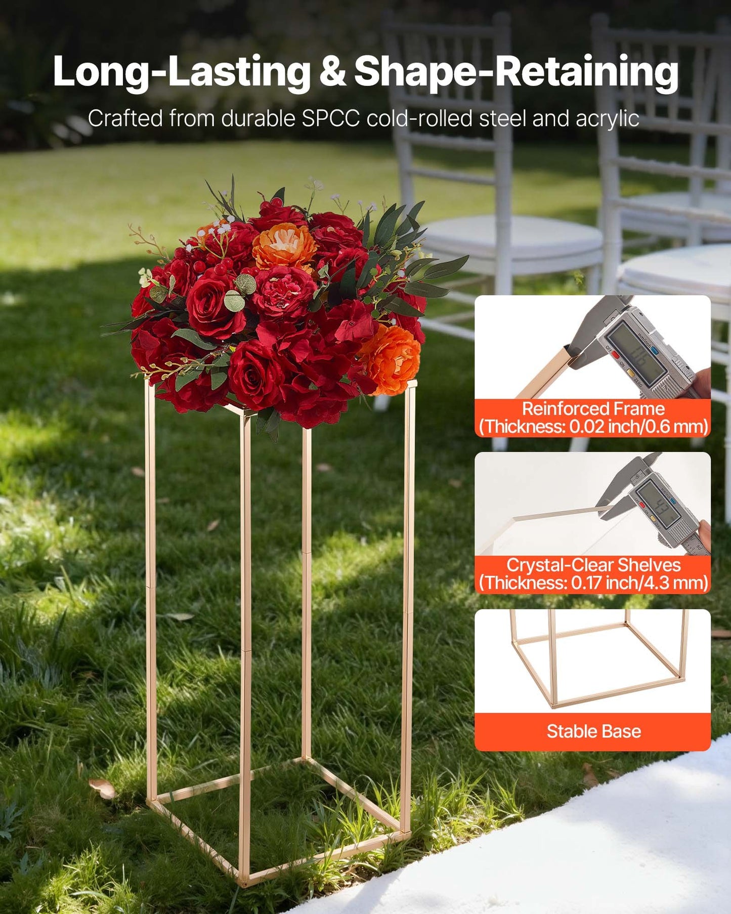 Wedding Flower Stand, 10PCS 60cm Column Flower Stand, Floral Stands with Acrylic Laminate, Rectangular Floral Display Rack for Wedding, Party, Birthday, Home, French Gold Centerpiece Stands