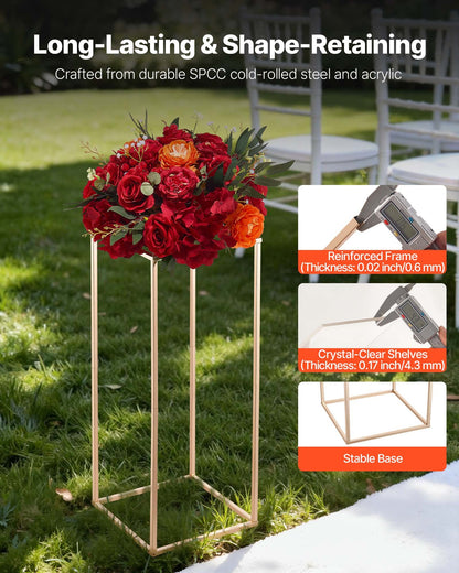 Wedding Flower Stand, 10PCS 60cm Column Flower Stand, Floral Stands with Acrylic Laminate, Rectangular Floral Display Rack for Wedding, Party, Birthday, Home, French Gold Centerpiece Stands