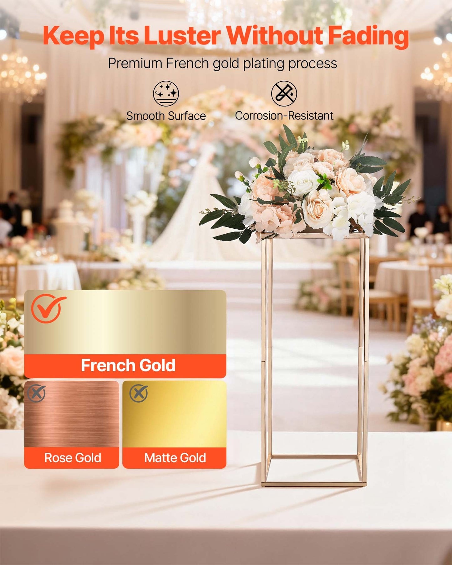 Wedding Flower Stand, 10PCS 60cm Column Flower Stand, Floral Stands with Acrylic Laminate, Rectangular Floral Display Rack for Wedding, Party, Birthday, Home, French Gold Centerpiece Stands