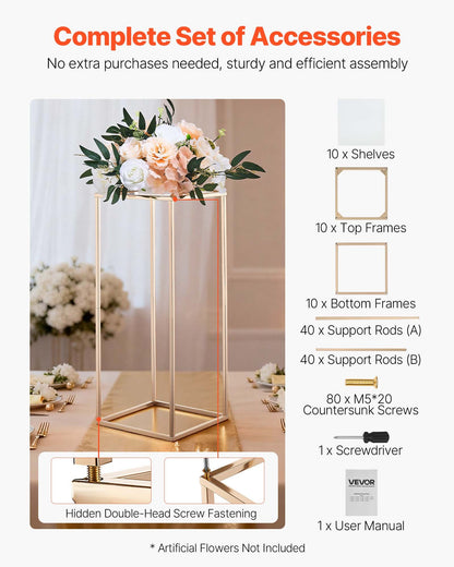 Wedding Flower Stand, 10PCS 60cm Column Flower Stand, Floral Stands with Acrylic Laminate, Rectangular Floral Display Rack for Wedding, Party, Birthday, Home, French Gold Centerpiece Stands