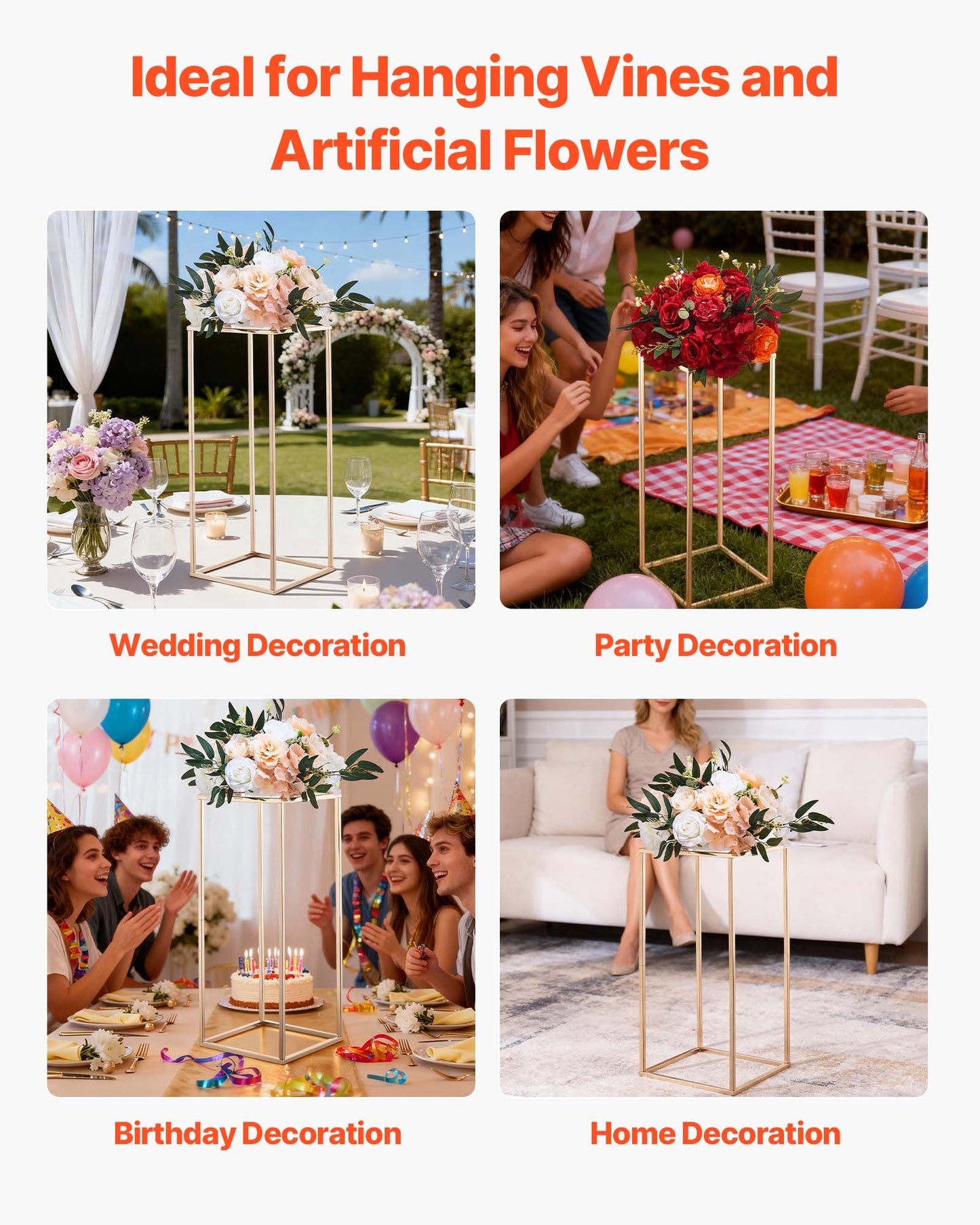 Wedding Flower Stand, 10PCS 60cm Column Flower Stand, Floral Stands with Acrylic Laminate, Rectangular Floral Display Rack for Wedding, Party, Birthday, Home, French Gold Centerpiece Stands