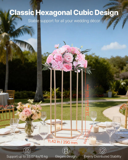 Wedding Flower Stand, 10PCS 60cm Column Flower Stand, Floral Stands with Acrylic Laminate, Hexagonal Cubic Floral Display Rack for Wedding, Party, Birthday, Home, French Gold Centerpiece Stands