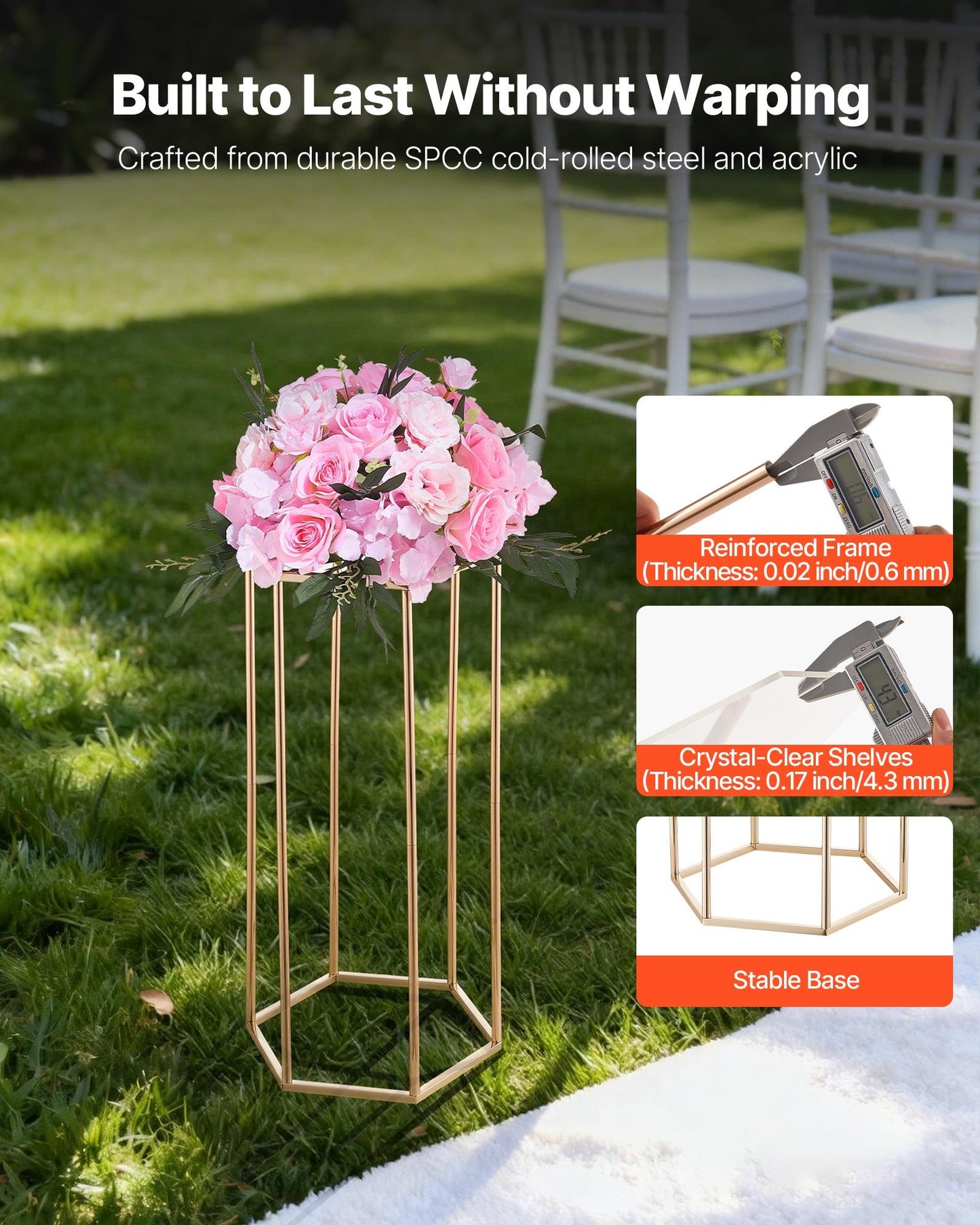 Wedding Flower Stand, 10PCS 60cm Column Flower Stand, Floral Stands with Acrylic Laminate, Hexagonal Cubic Floral Display Rack for Wedding, Party, Birthday, Home, French Gold Centerpiece Stands