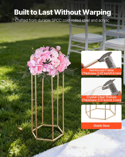 Wedding Flower Stand, 10PCS 60cm Column Flower Stand, Floral Stands with Acrylic Laminate, Hexagonal Cubic Floral Display Rack for Wedding, Party, Birthday, Home, French Gold Centerpiece Stands