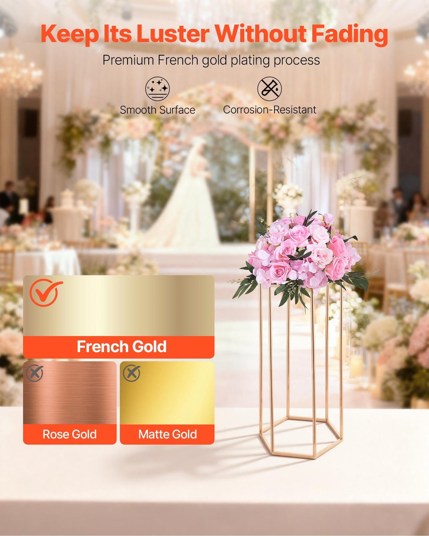 Wedding Flower Stand, 10PCS 60cm Column Flower Stand, Floral Stands with Acrylic Laminate, Hexagonal Cubic Floral Display Rack for Wedding, Party, Birthday, Home, French Gold Centerpiece Stands