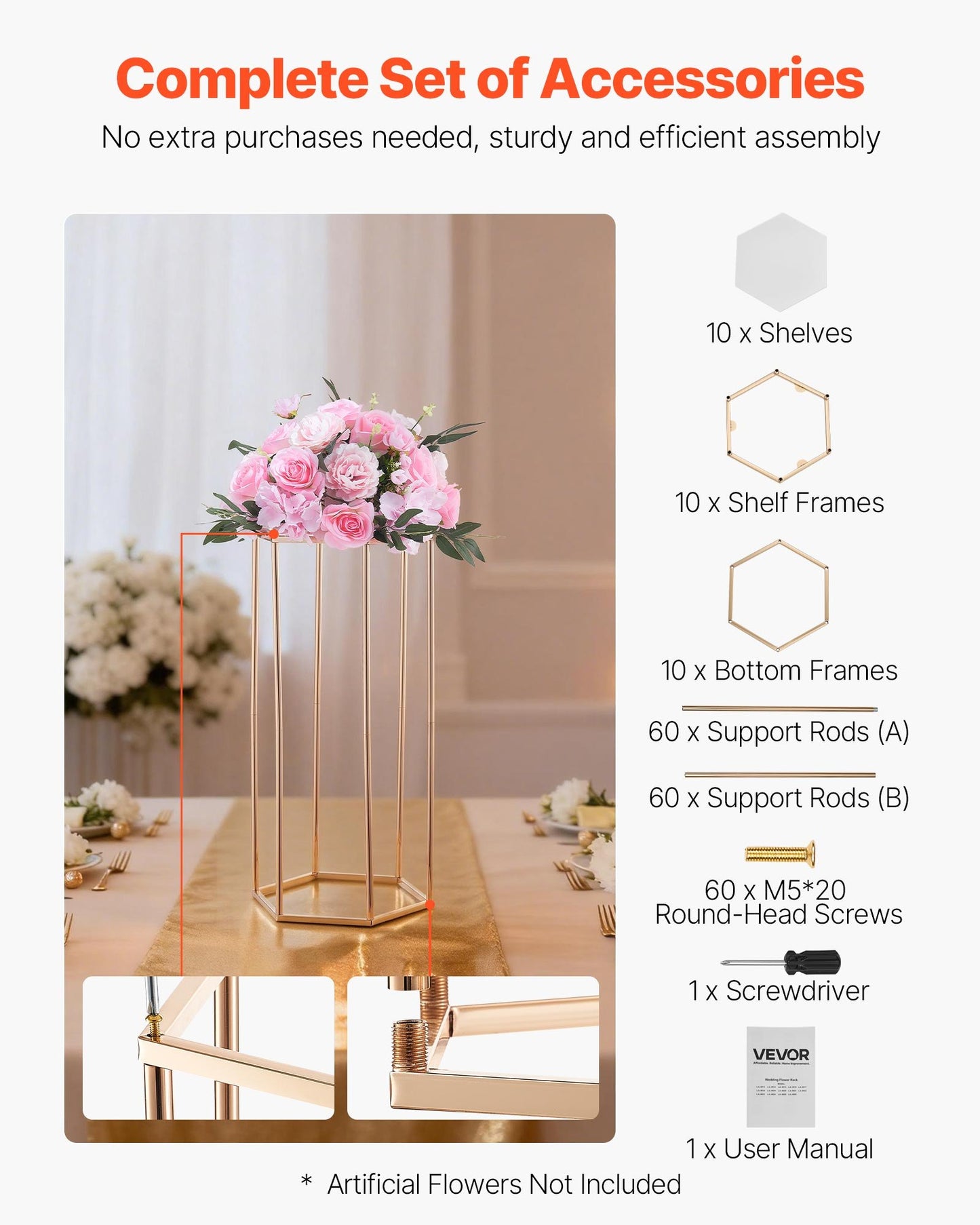 Wedding Flower Stand, 10PCS 60cm Column Flower Stand, Floral Stands with Acrylic Laminate, Hexagonal Cubic Floral Display Rack for Wedding, Party, Birthday, Home, French Gold Centerpiece Stands