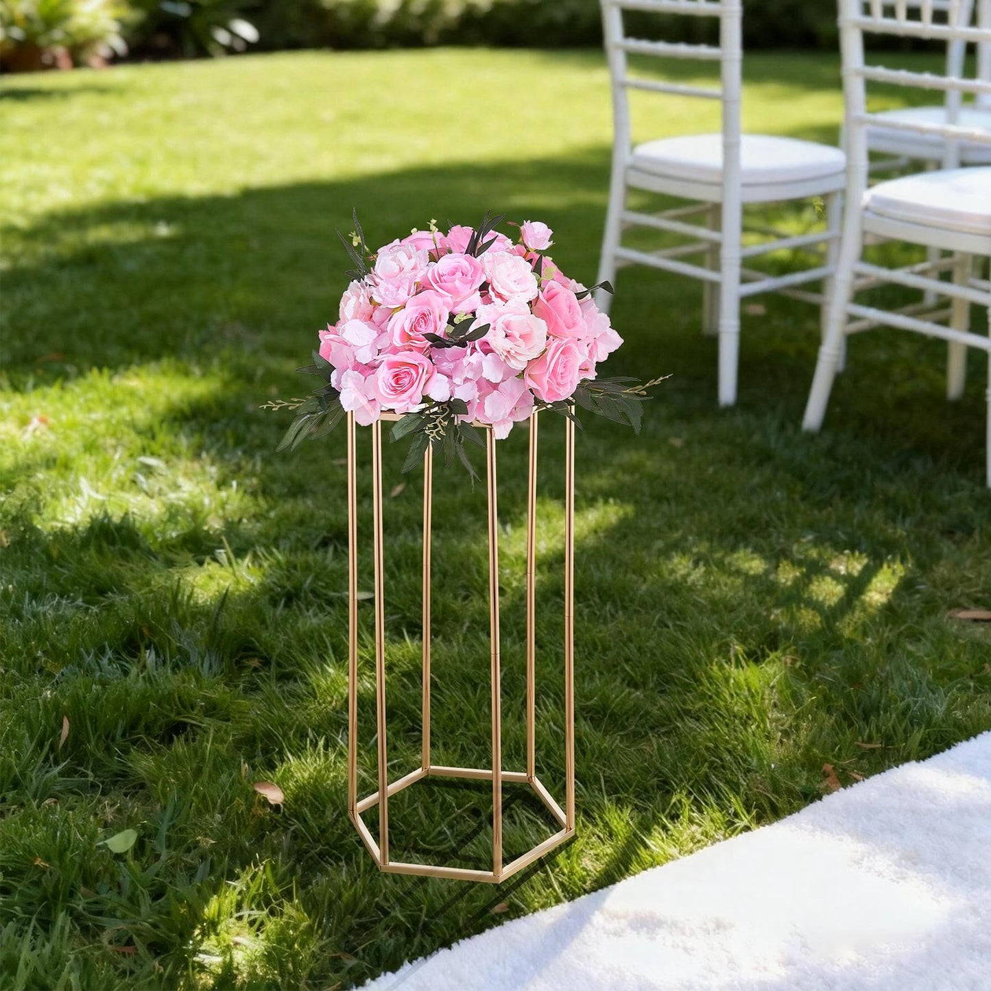 Wedding Flower Stand, 10PCS 60cm Column Flower Stand, Floral Stands with Acrylic Laminate, Hexagonal Cubic Floral Display Rack for Wedding, Party, Birthday, Home, French Gold Centerpiece Stands