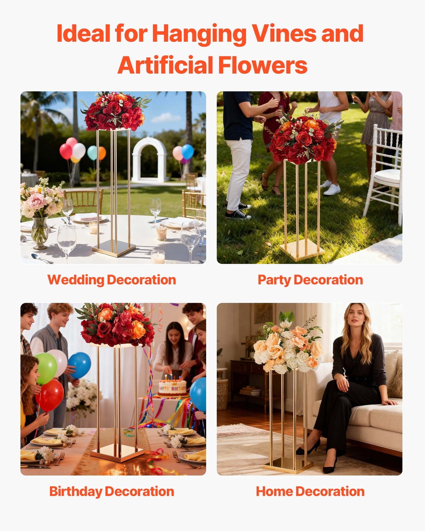Wedding Flower Stand, 10PCS 80cm Column Flower Stand, Floral Stands with Metal Laminate, Cylindrical Cubic Floral Display Rack for Wedding, Party, Birthday, Home, French Gold Centerpiece Stands